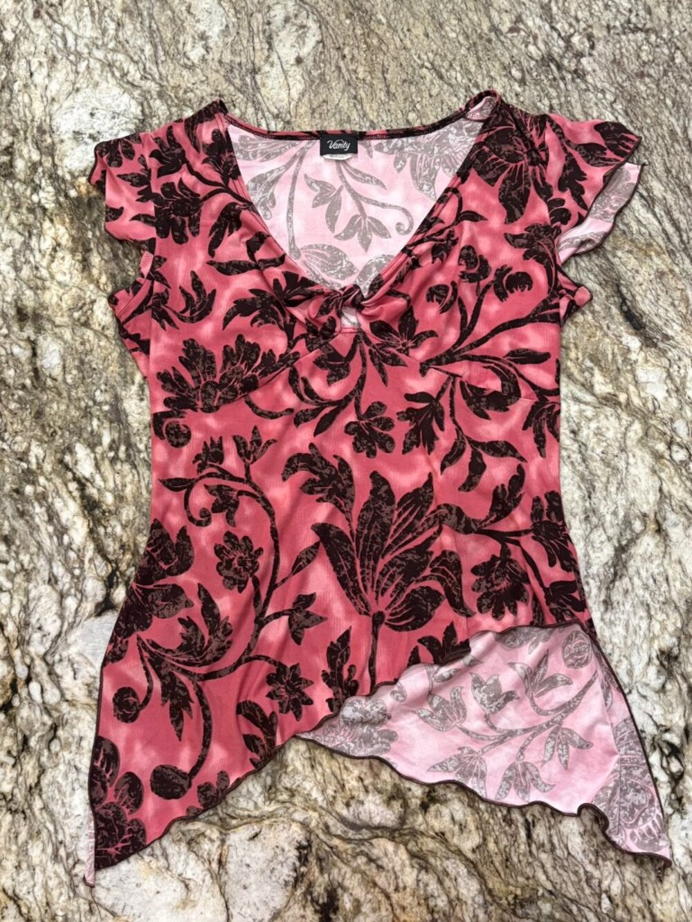 Vanity Pink Floral Asymmetrical Handkerchief Hem Y2K Fairy Top